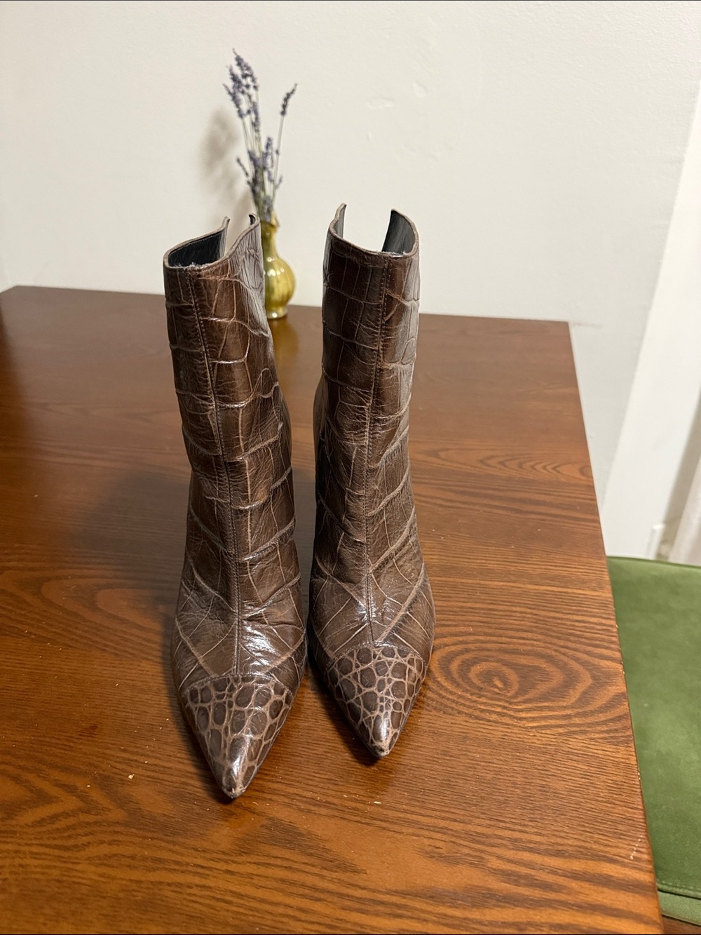 Stuart Weitzman Brown Croc-Embossed Pointed-Toe Mid-Calf Boots